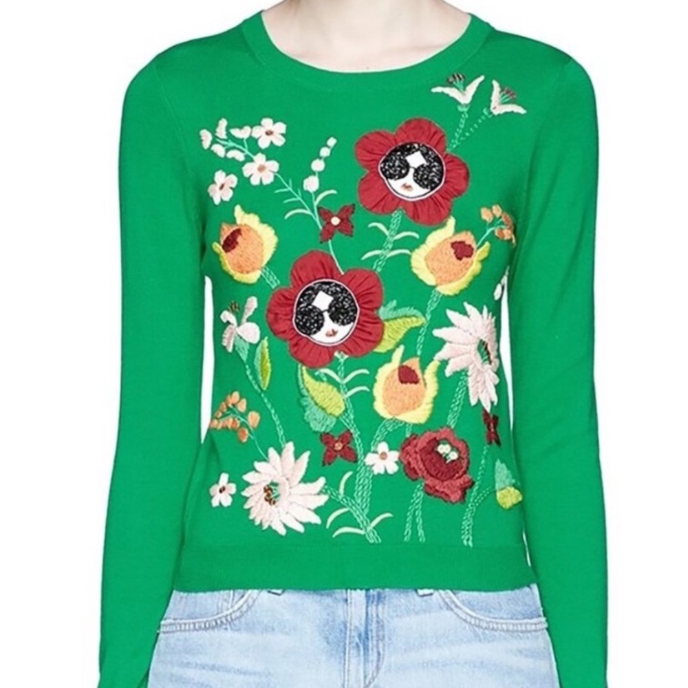 Alice + Olivia Sweater Women XS Green Stacey Face Floral Embroidered CC705505703